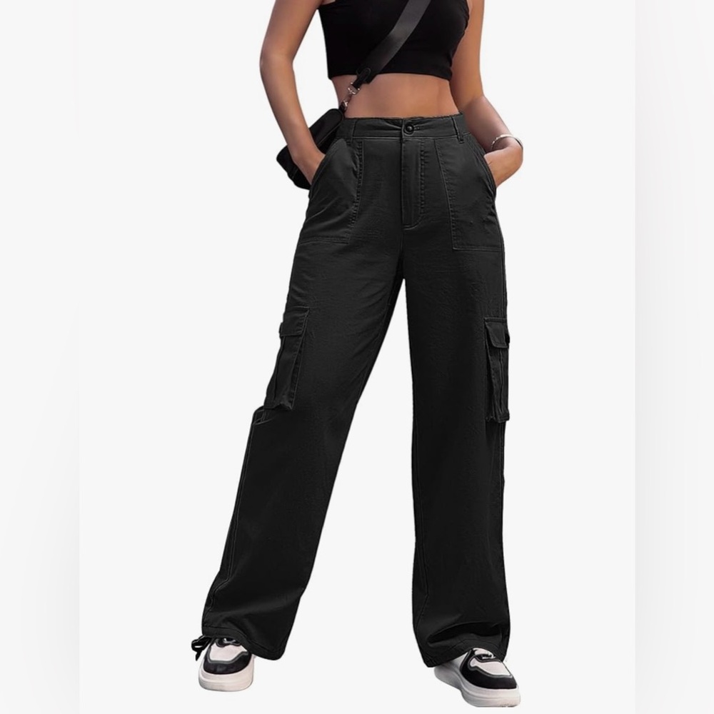 Women’s Black Linen Cargo Pants Wide Leg High Waisted Elastic Waist XL